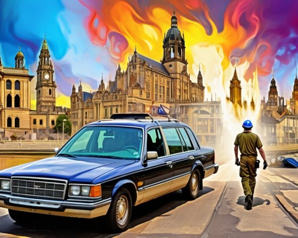 Dramatic city skyline with vibrant flames and smoke