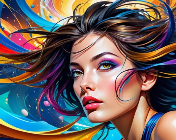 Digital Painting of a Woman with Colorful Hair and Eyes