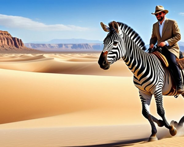 Man in Tan Suit Riding Zebra in Desert Landscape