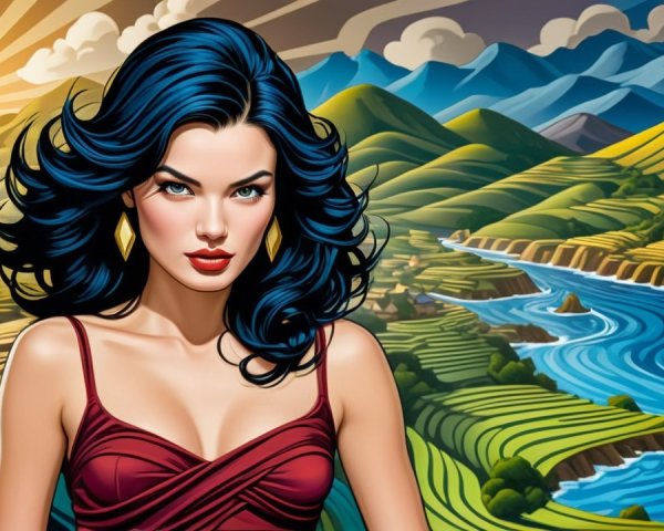 Confident Woman in Red Dress Against Scenic Landscape