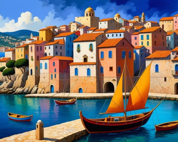 Vibrant Coastal Scene with Colorful Houses and Boats