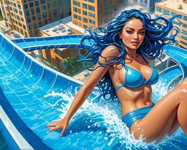 Young woman with blue hair on a water slide