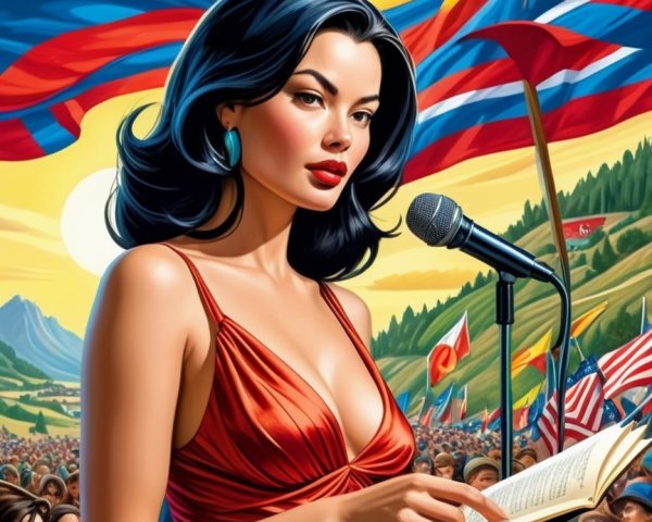 Confident Woman Speaking at Microphone in Red Dress