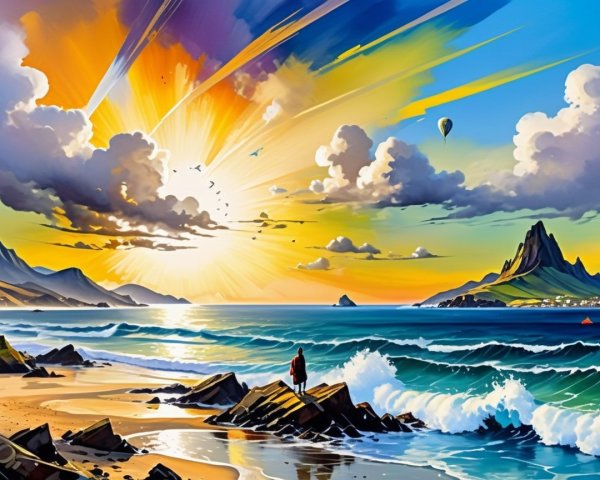 Vibrant seaside landscape with sunset and hot air balloon