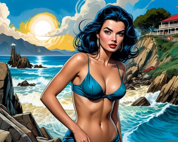 Confident Woman in Blue Bikini on Rocky Shoreline