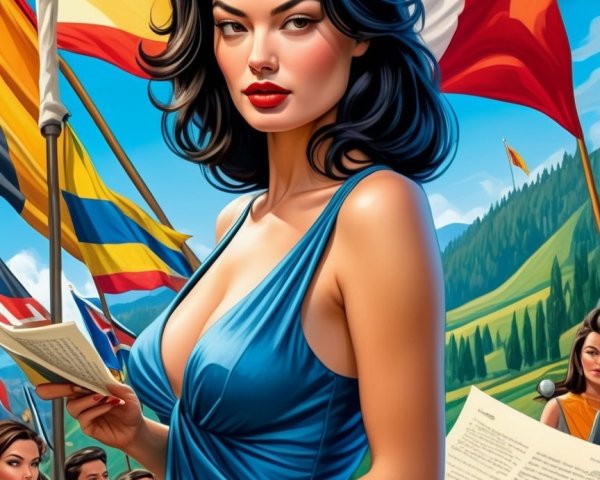 Confident Woman in Blue Dress Amidst Vibrant Landscape