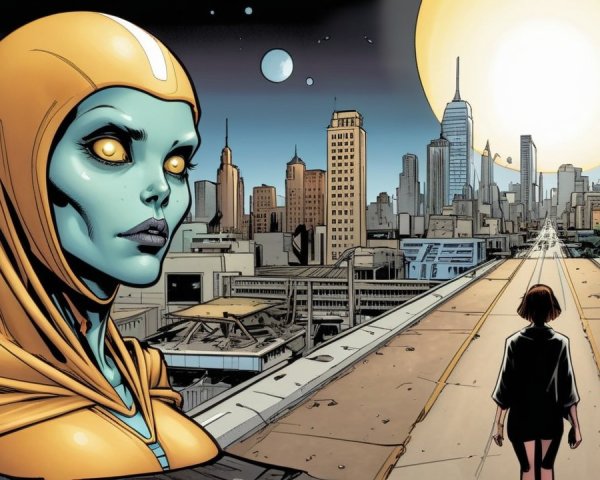 Blue-Skinned Woman in Futuristic Cityscape Painting
