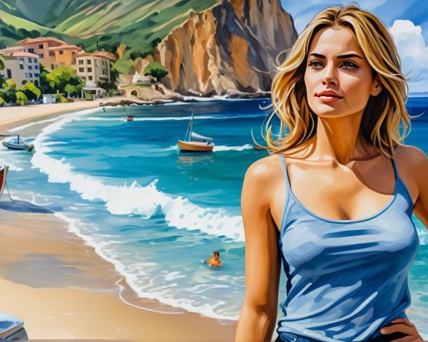 Fair-skinned woman by serene beach and village landscape