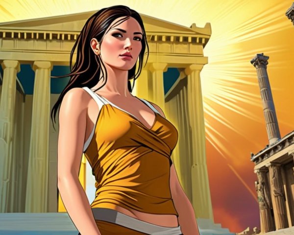 Stylized Female Character Against Greek Architecture