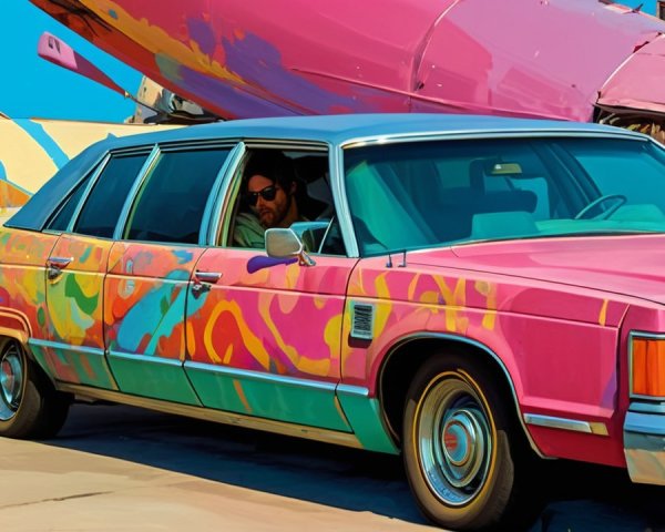 Vintage Car with Psychedelic Patterns in Junkyard