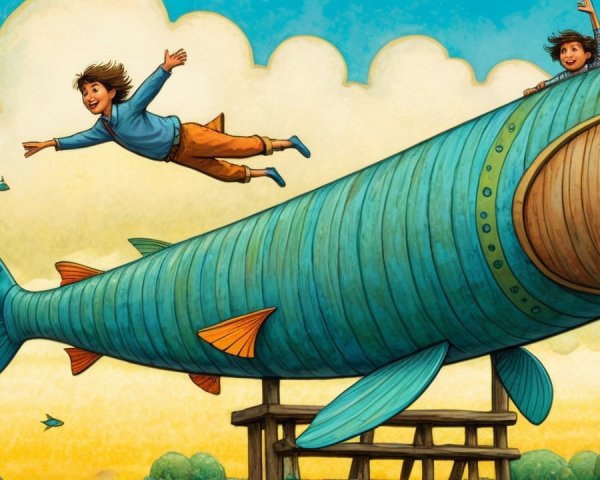 Children Riding a Giant Colorful Fish in the Sky