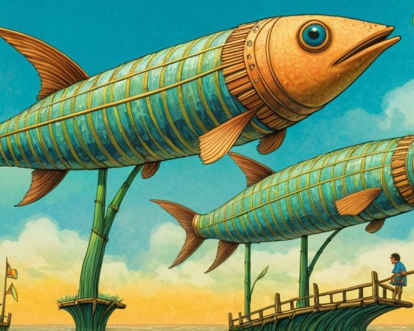 Fish-Shaped Airships Above a Tranquil Sea Scene