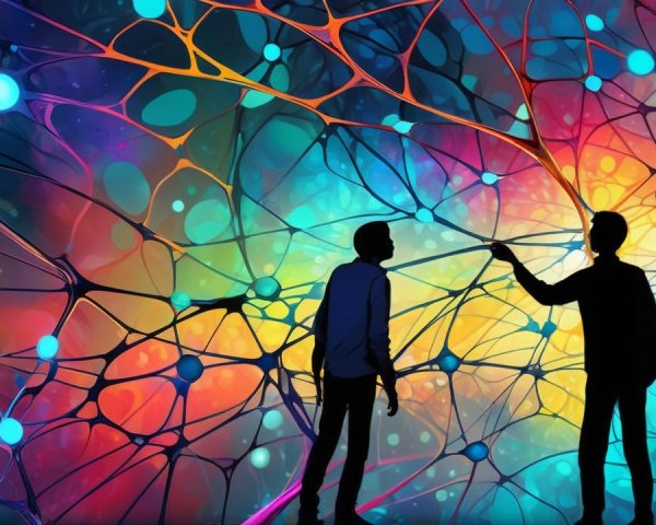 Silhouetted Men with Glowing Nodes in Neural Network