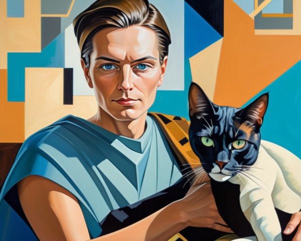 Portrait of a Person with Cat and Geometric Background