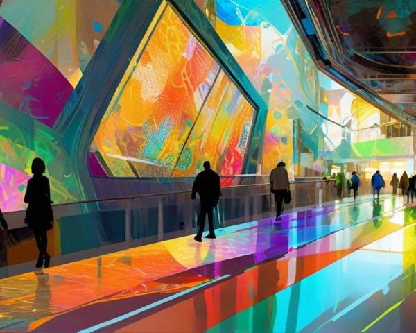 Futuristic corridor with colorful light patterns and panels