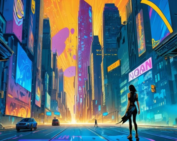 Futuristic cityscape with vibrant orange and blue hues