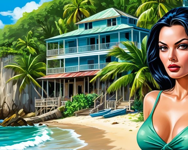 Tropical Beach Scene with Palm Trees and Ocean Views