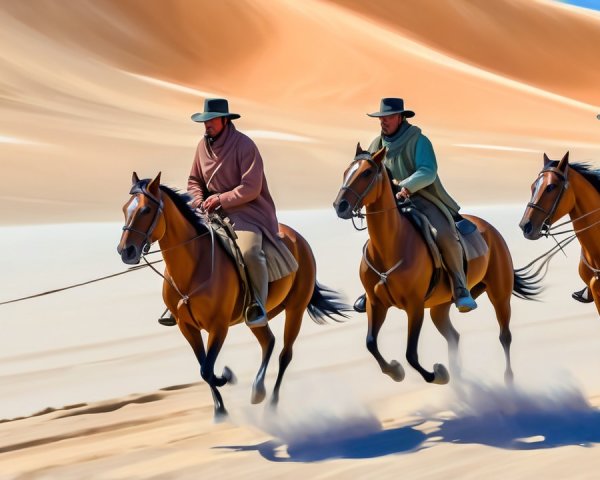 Riders Galloping Across a Sandy Desert Landscape