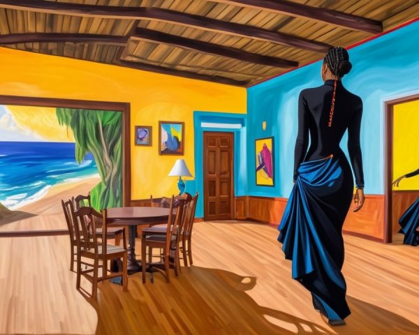 Vibrant Interior Scene with Seaside View and Artwork