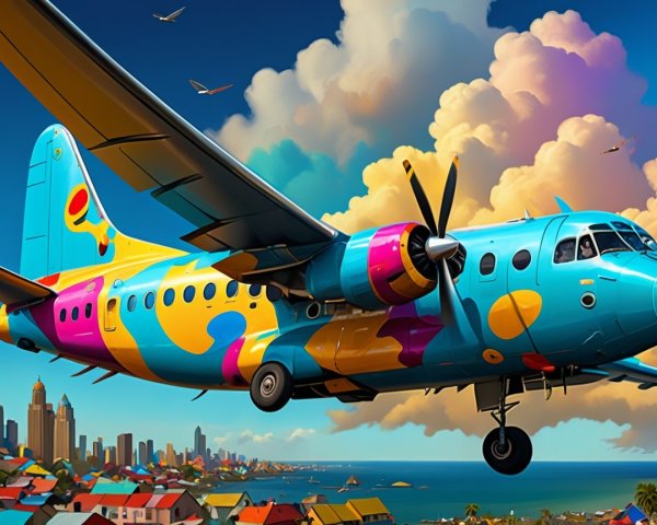 Vibrant Airplane Over Colorful Coastal Townscape