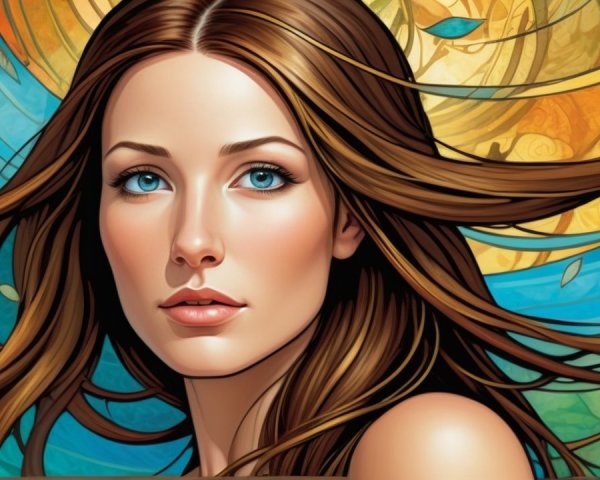 Woman with Brown Hair and Blue Eyes in Vibrant Scene