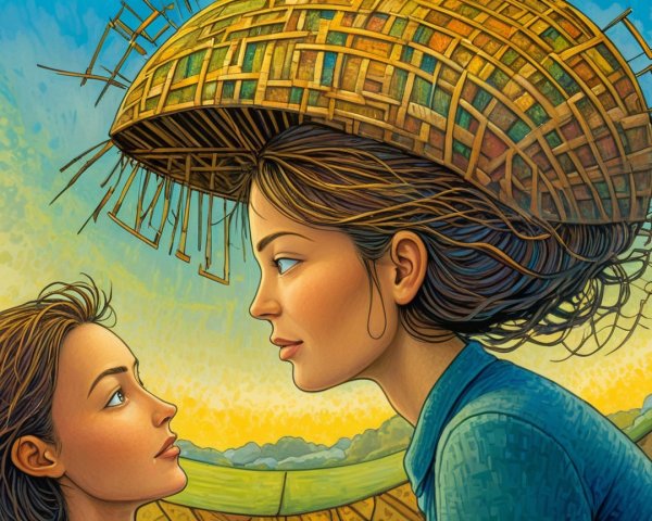 Woman and girl with warm expressions in rural landscape