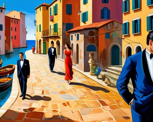 Elegant Figures in a Coastal Town by the Waterfront