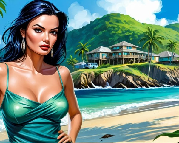 Stylized Woman in Teal Dress on Tropical Beach