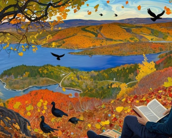 Autumn Landscape with Reading Under a Tree