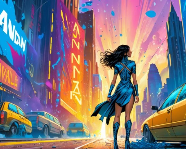 Powerful figure in vibrant neon urban scene