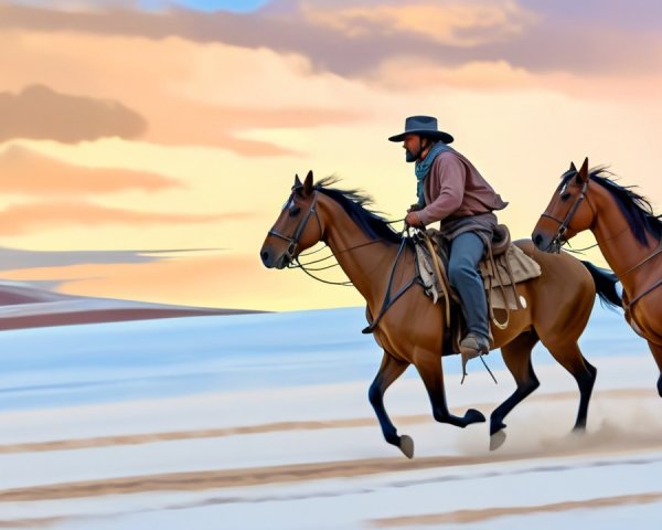 Cowboys Riding at Sunset in Desert Landscape