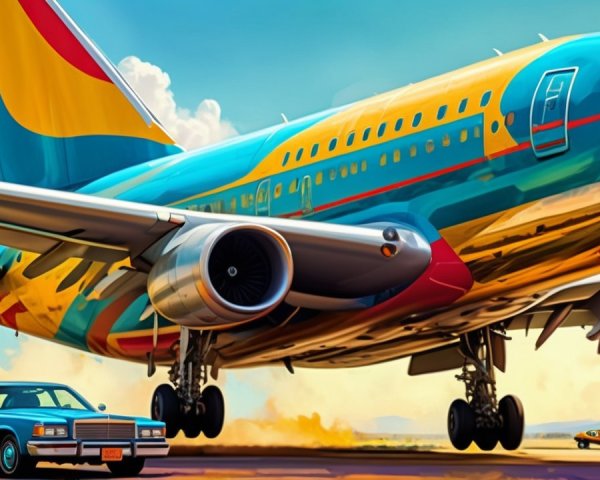 Retro Airplane Taking Off with Classic Car in View