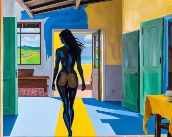 Surreal Interior Scene with Bold Colors and Landscape