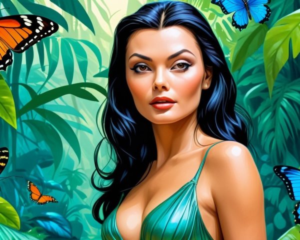 Woman in Green Dress Surrounded by Tropical Nature