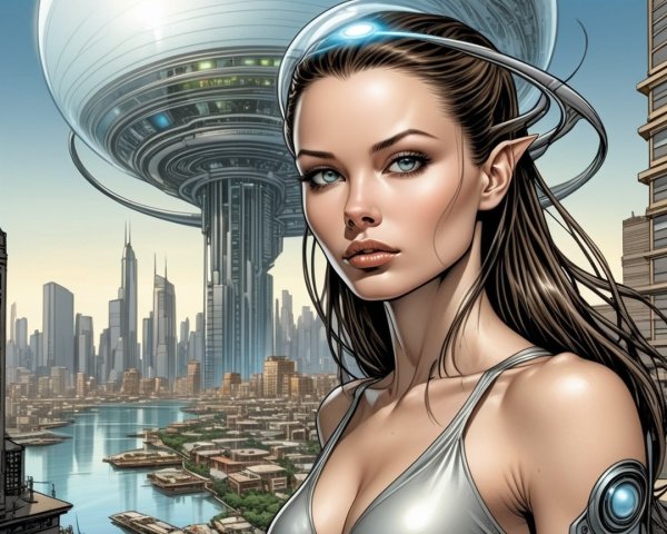 Futuristic Cyborg Woman in Urban Cityscape Setting