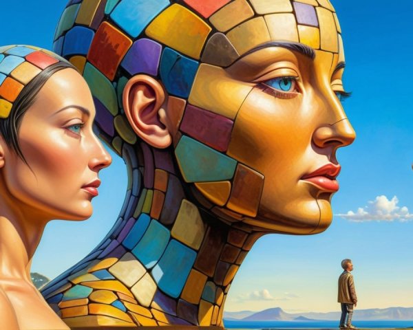 Sculpted Female Faces in Colorful Mosaic Tiles