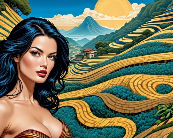 Woman with Black Hair Overlooking Vibrant Terraced Fields