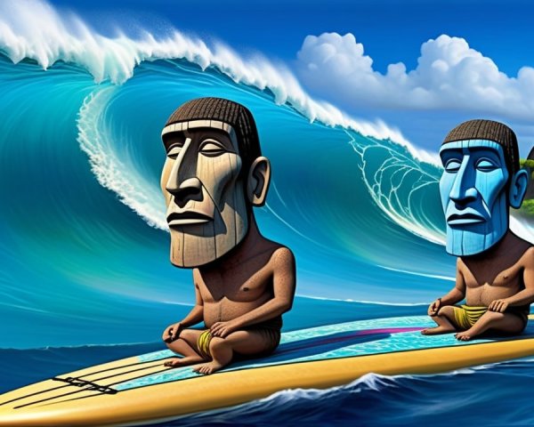 Cartoon Men on Surfboard with Easter Island Heads