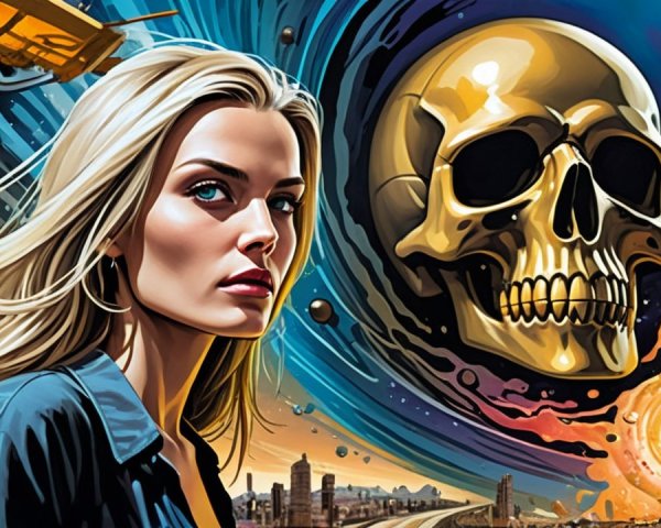 Colorful Comic Style Illustration with Woman and Skull