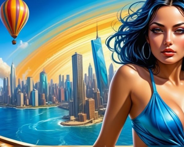 Woman with Blue Hair in Vibrant City Skyline Scene