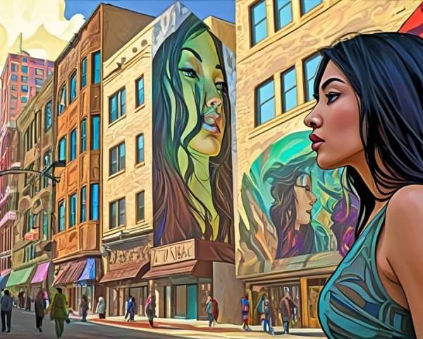Vibrant Urban Street Scene with Colorful Murals
