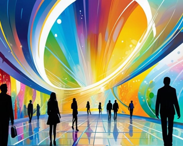 Vibrant Abstract Mural in Modern Hall with Figures