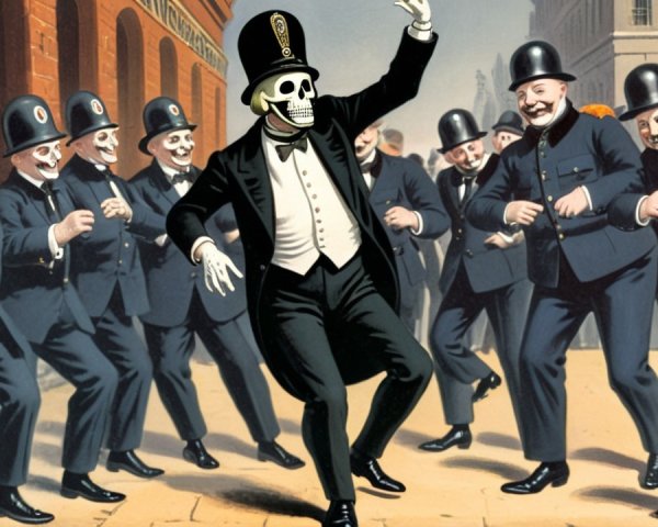 Stylized Digital Painting of Dancing Skeleton Figures