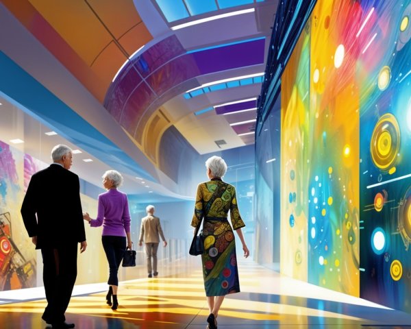 Futuristic Hallway with Colorful Digital Murals