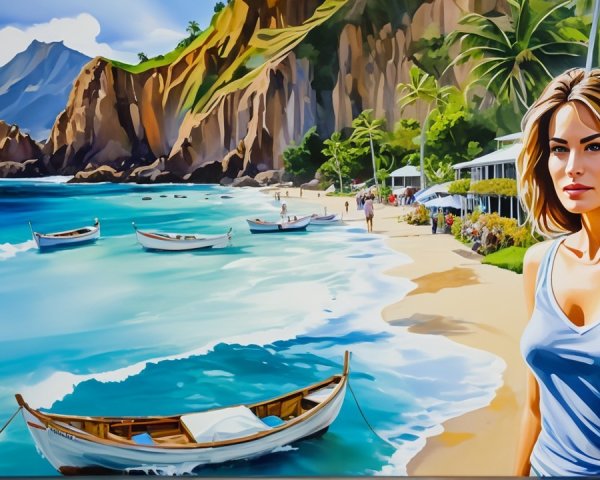 Vibrant Beach Scene with Woman and Fishing Boats