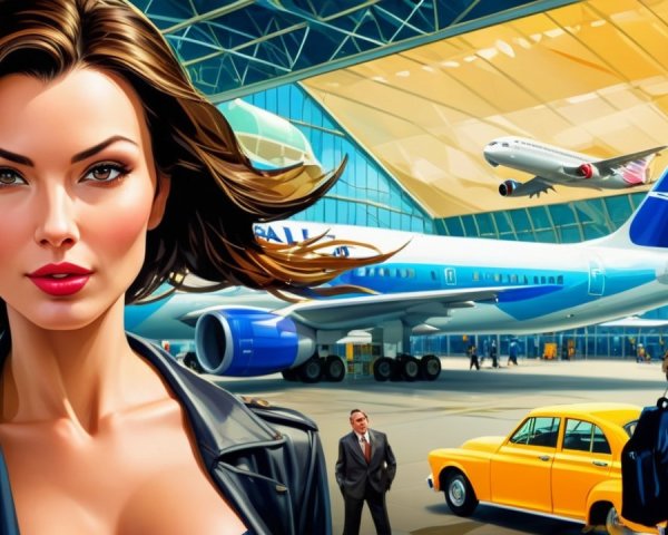 Vibrant Airport Scene with Confident Woman and Airplane