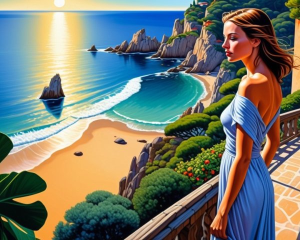 Serene Coastal Scene with Woman in Blue Dress