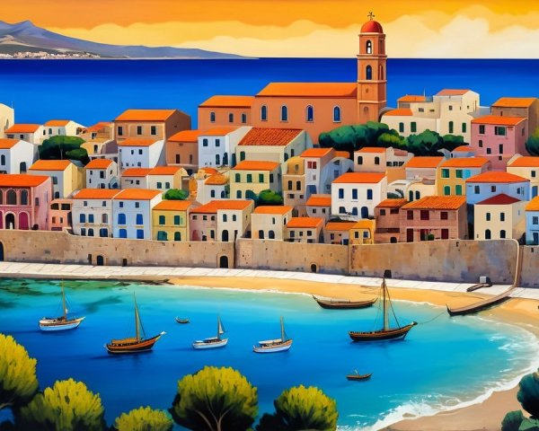 Vibrant Seaside Village with Mediterranean Charm