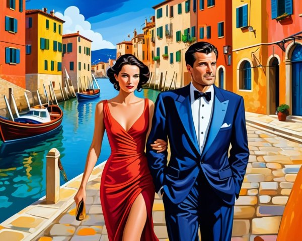 Glamorous Couple by Picturesque Canal with Colorful Boats