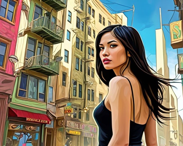 Young Woman in Vibrant City Street Scene